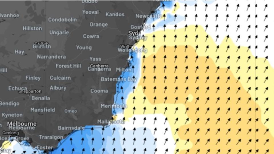 Wind wave period at 4pm on Saturday, February 3, according to Wave Watch III. Weatherzone