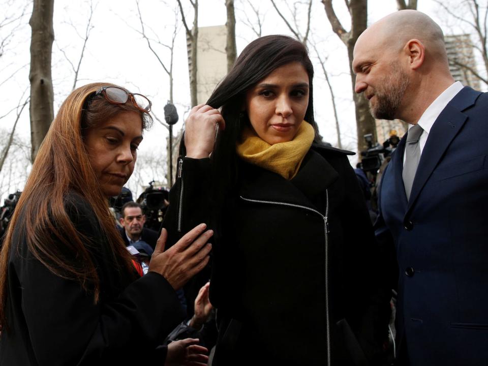 Wife of Joaquin "El Chapo" Guzman, Emma Coronel, and attorney Michelle Gelernt exit after speaking to the press in 2017. REUTERS:Brendan McDermid.JPG