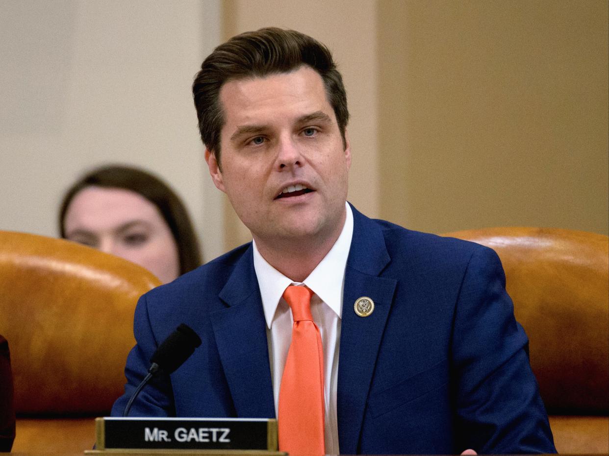 <p>Representative Matt Gaetz, R-FL, speaks during a House Judiciary Committee markup of the articles of impeachment against President Donald Trump, on Capitol Hill in Washington on 11 December 2019</p> ((Reuters))