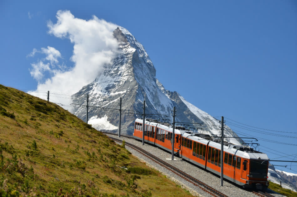 Gornergrat train and Matterhorn mountain. Switzerland Alps