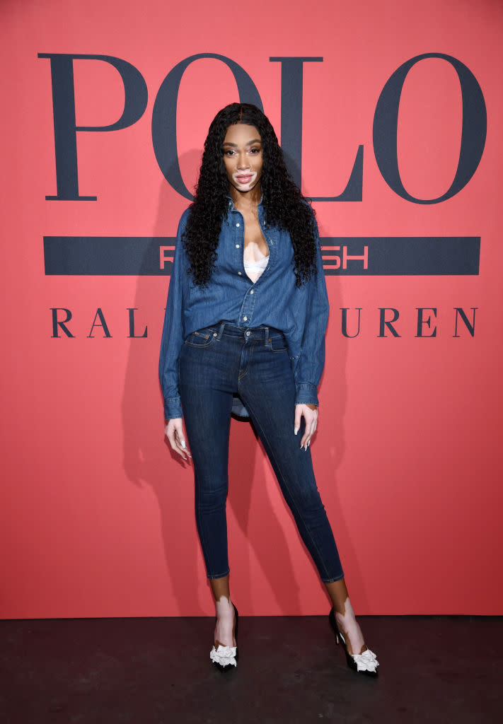 <p>Model Winnie Harlow gave lessons in double denim at the Polo Red Rush launch party in New York on 25 July. <em>[Photo: Getty]</em> </p>