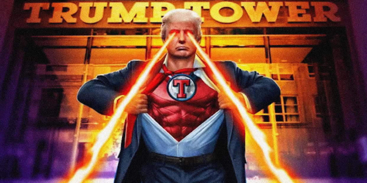 Image: Screengrab of a digital trading card (NFT) of Donald Trump revealing a monogrammed bodysuit and fire blazing out of his eyes. (CollectTrumpCards)