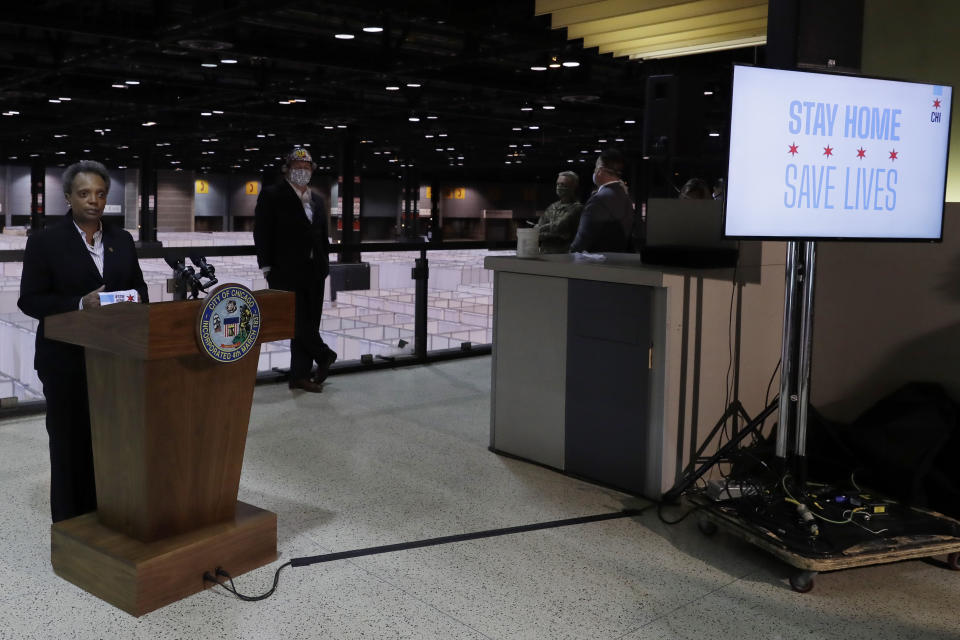 Chicago Mayor Lori Lightfoot speaks during a news conference in Hall A at the COVID-19 alternate site at McCormick Place in Chicago, Friday, April 10, 2020. (AP Photo/Nam Y. Huh)