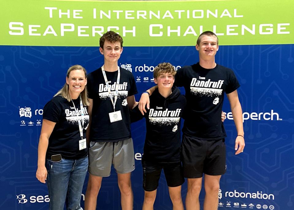 Team Dandruff — made up of Coach Natalie Manchester, Jacob Pizio, Broden Machester and Cole Hillegonds — brought home a third-place trophy at the 2024 International Underwater Robotics Competition held June 1 for the Obstacle Pool Course, which involved driving their remotely operated vehicle (ROV) through five underwater hoops at varying heights and angles.