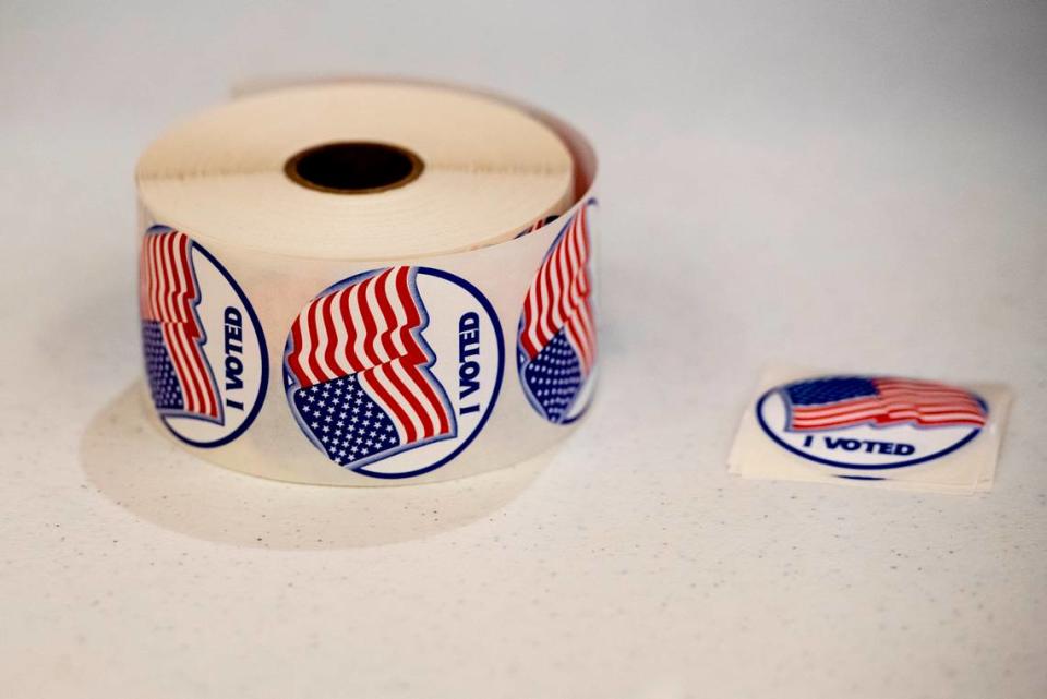 Voting stickers at a polling location at D’Iberville Civic Center in D’Iberville during the Mississippi Primary Election on Tuesday, Aug. 8, 2023. Hannah Ruhoff/Sun Herald