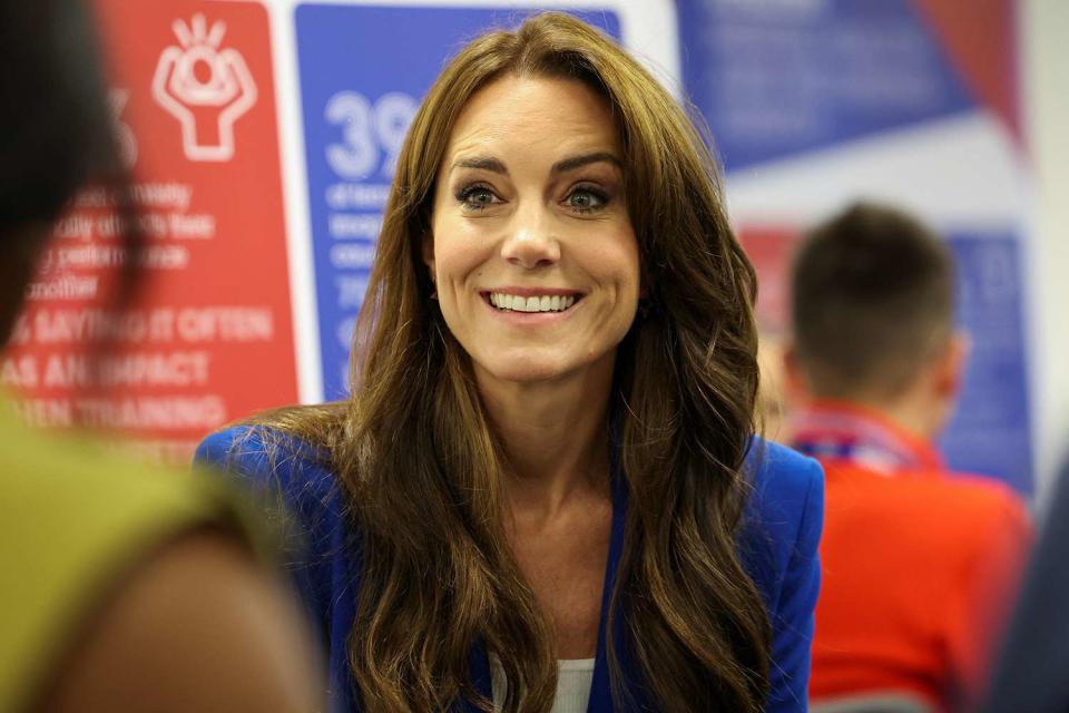 <p>Suzanne Plunkett - WPA Pool/Getty Images</p> Kate Middleton visits Sportsaid on Oct. 12, 2023