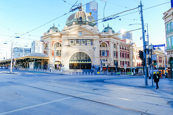 Flinders St station within Melbourne CBD is quiet and deserted during the coronavirus pandemic.