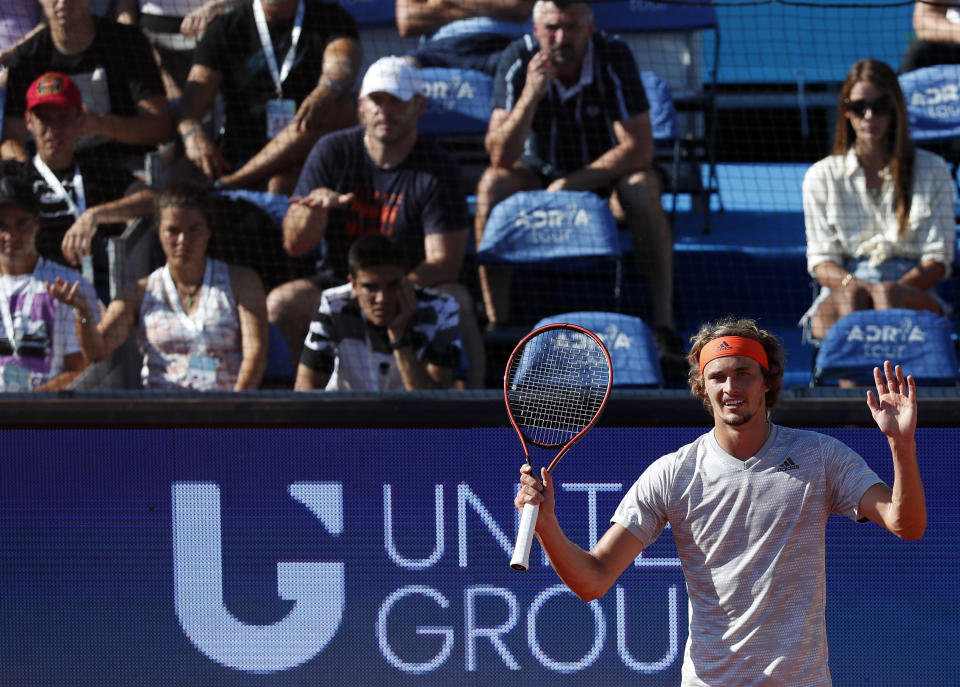 Germany's Alexander Zverev reacts during the match against Serbia's Novak Djokovic, of the Adria Tour charity tournament in Belgrade, Serbia, Sunday, June 14, 2020. (AP Photo/Darko Vojinovic)