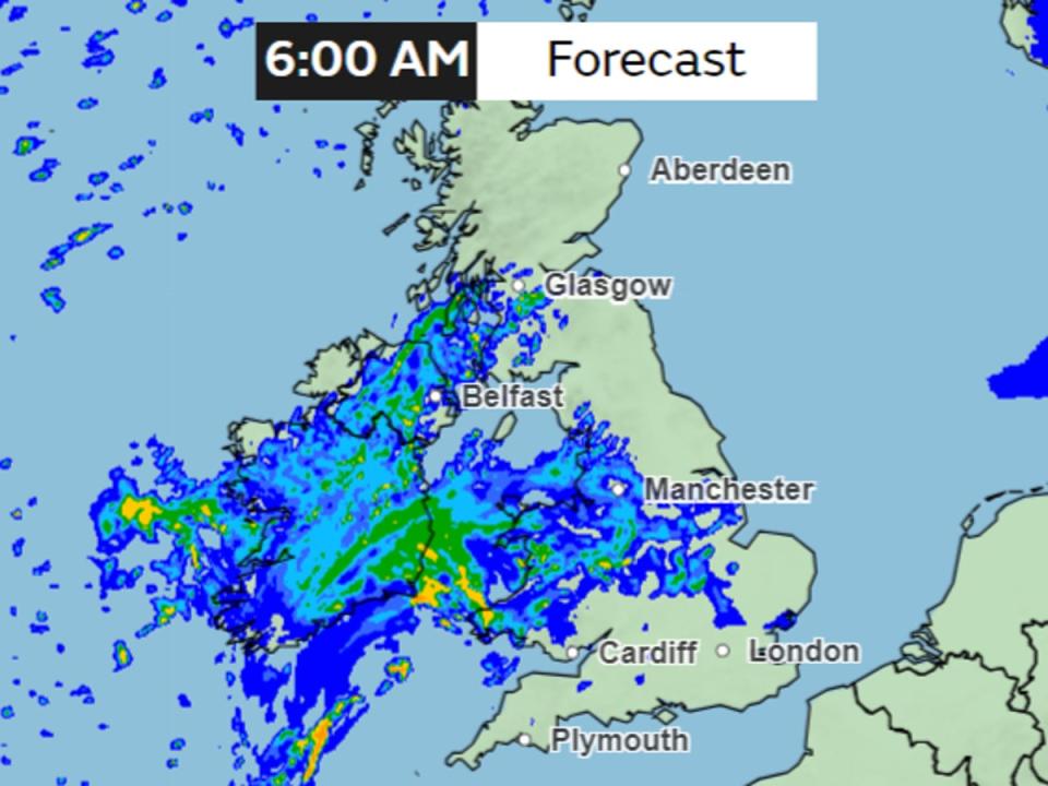 Rainfall forecast for Wednesday morning shows rain entering from southwest bringing heavier showers at times (Met Office)