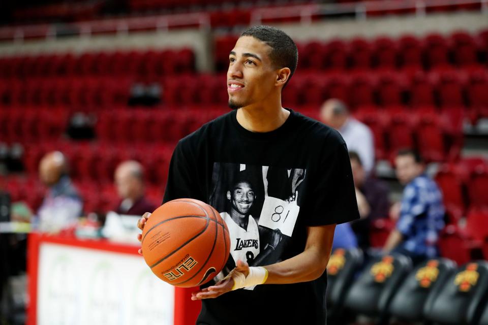 Iowa State guard Tyrese Haliburton wears a Koby Bryant shirt as he warms up before an NCAA college basketball game against Baylor, Wednesday, Jan. 29, 2020, in Ames, Iowa. (AP Photo/Charlie Neibergall)