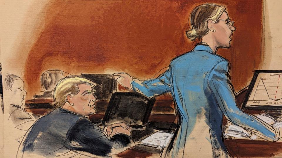 A courtroom sketch depicts Donald Trump’s attorney Alina Habba delivering her closing arguments to the jury on 26 January in a defamation trial targeting the former president, left, for damages for his defamatory statements about E Jean Carroll. (AP)