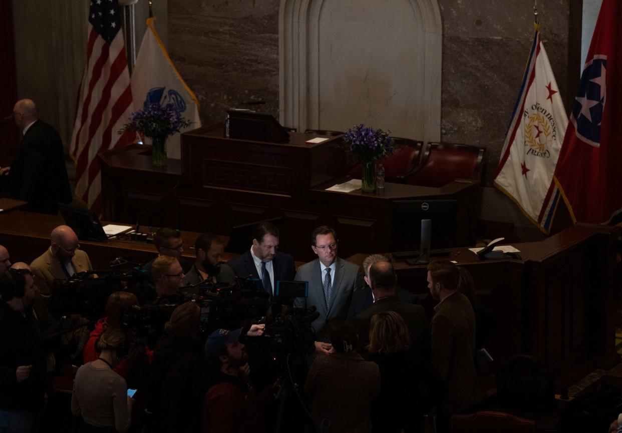 House Speaker Cameron Sexton speaks to members of the press following a legislative session at Tennessee State Capitol Building in Nashville , Tenn., Thursday, Jan. 11, 2024.