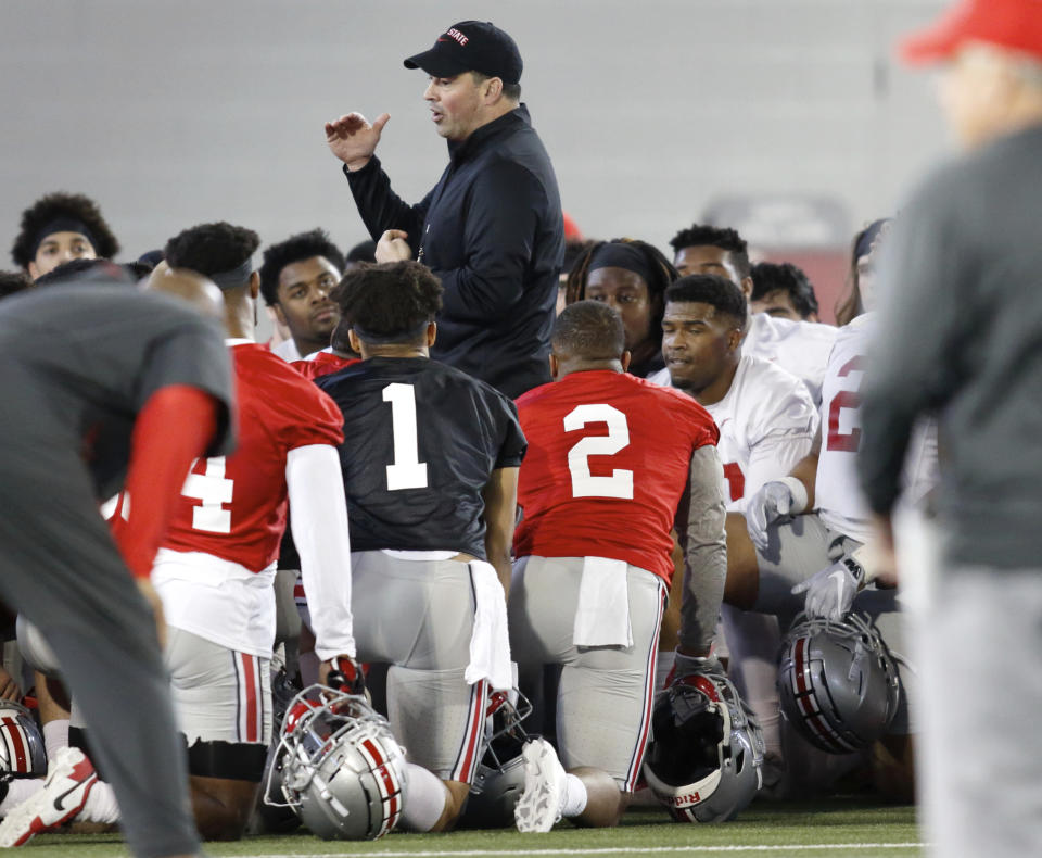 Ohio State NCAA college football head coach Ryan Day talks to his team in Columbus, Ohio, Wednesday, March 6, 2019. (AP Photo/Paul Vernon)