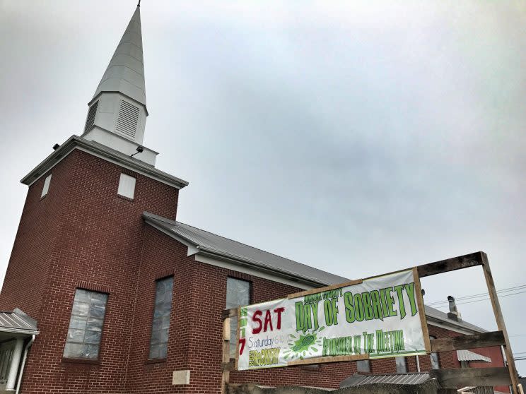 A church advertises a "Day of Sobriety" in Point Pleasant, W.V. (Photo: Holly Bailey/Yahoo News)