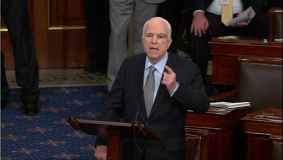 Sen. John McCain (R-Ariz.) speaks on the floor of the Senate after returning to Washington for a vote July 25 on health care reform, soon&nbsp;after being diagnosed with brain cancer. (Photo: Senate TV via Reuters)