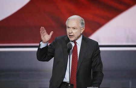 Senator Jeff Sessions (R-AL) delivers a nominating speech for Republican U.S. Presidential candidate Donald Trump at the Republican National Convention in Cleveland, Ohio, U.S. July 19, 2016. REUTERS/Mike Segar