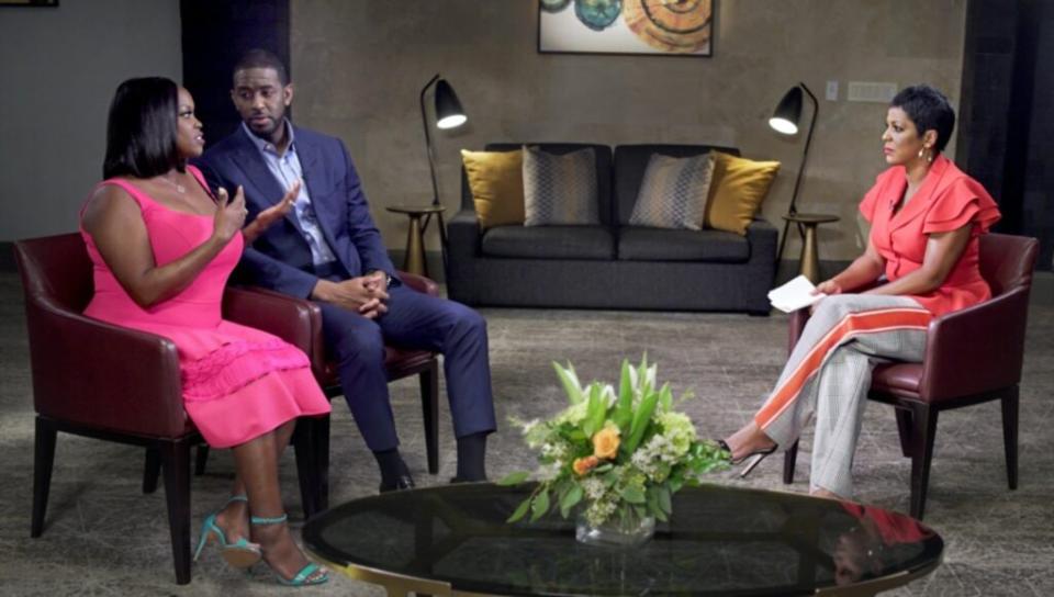 Tamron Hall (right) interviews former Tallahassee Mayor Andrew Gillum and his wife, R. Jai, on the second season premiere of “The Tamron Hall Show,” airing Monday.