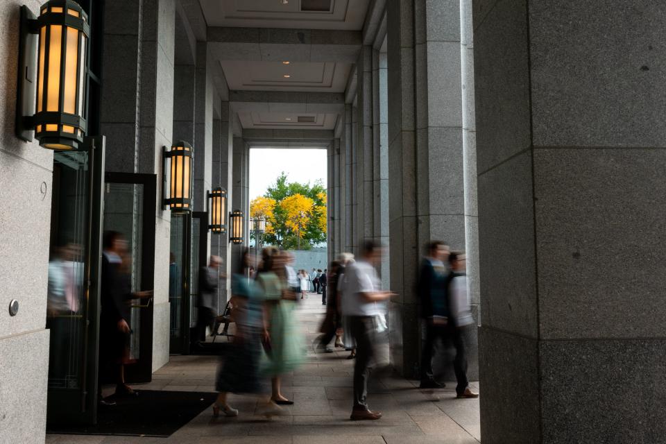 Conferencegoers file out after the final session of the 193rd Semiannual General Conference of The Church of Jesus Christ of Latter-day Saints at the Conference Center in Salt Lake City on Sunday, Oct. 1, 2023. | Megan Nielsen, Deseret News