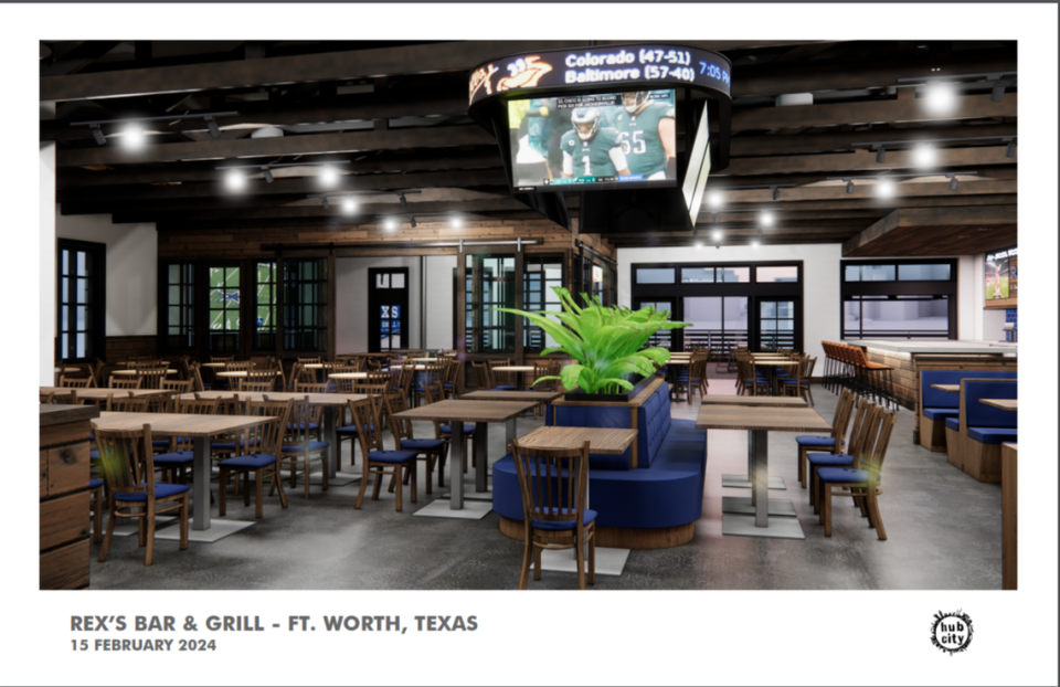 Rex’s Bar & Grill will have a billboard with an overhead sports ticker when it opens in late summer or early fall in Fort Worth. Rex Benson