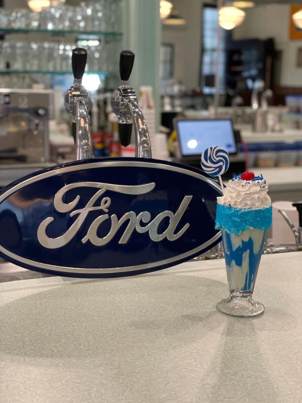 Livingston's Soda Fountain and Grill in Brownsville debuted its BlueOval City milkshake Wednesday, July 27. The milkshake is birthday cake flavored topped with blue sprinkles and served with a blue sucker.