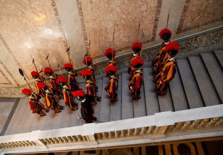 Swiss Guards leave after the French President Emmanuel Macron's meeting with Pope Francis at the Vatican, June 26, 2018. REUTERS/Stefano Rellandini