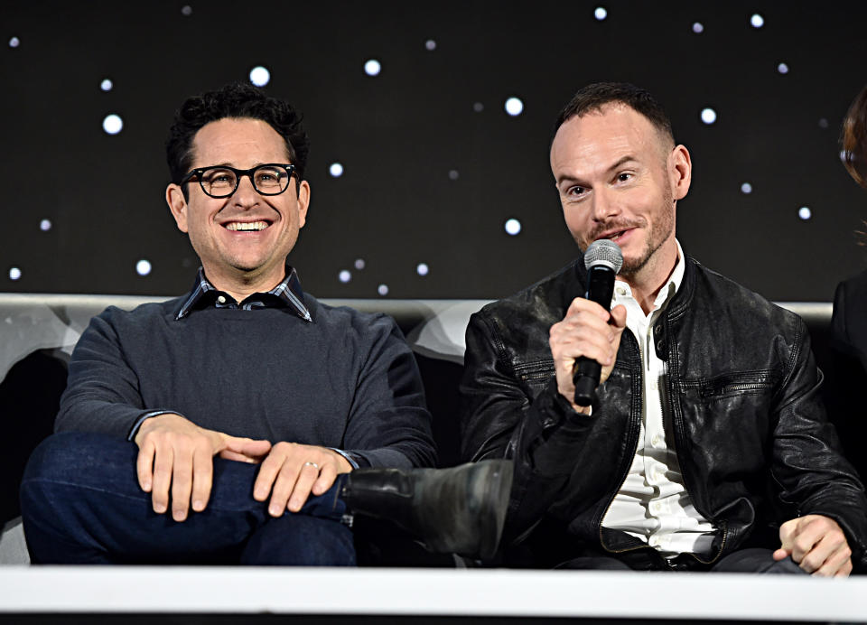 PASADENA, CALIFORNIA - DECEMBER 04: Writer/director J.J. Abrams and Co-writer Chris Terrio participate in the global press conference for &quot;Star Wars:  The Rise of Skywalker&quot; at the Pasadena Convention Center on December 04, 2019 in Pasadena, California. (Photo by Alberto E. Rodriguez/Getty Images for Disney)