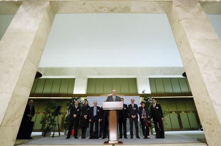 Syrian Ambassador to the U.N. Bashar al Ja'afari, Head of the Syrian government delegation addresses the media after a meeting of Intra-Syria peace talks with United Nations Special Envoy for Syria Staffan de Mistura at Palais des Nations in Geneva, Switzerland, February 25, 2017. REUTERS/Pierre Albouy