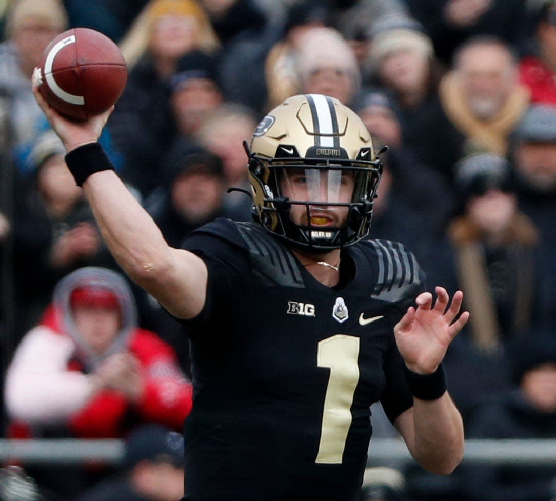 Purdue Boilermakers quarterback Hudson Card (1) throws the ball during the NCAA football game against the Indiana Hoosiers, Saturday, Nov. 25, 2023, at Ross-Ade Stadium in West Lafayette, Ind.