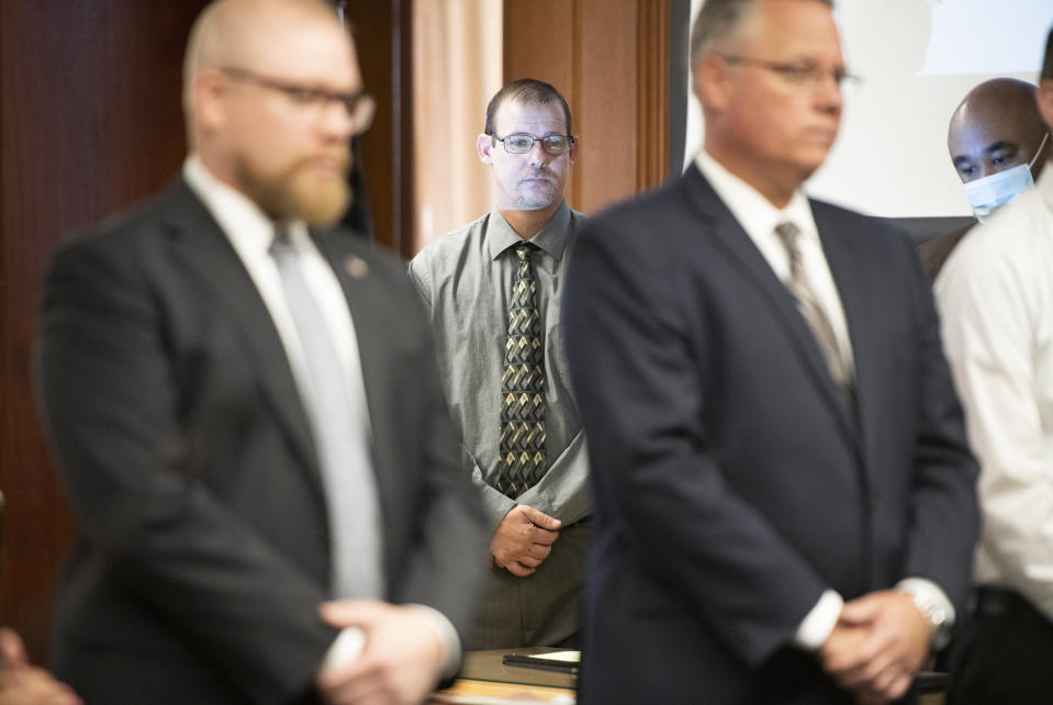 Pete Musico appears before Jackson County Circuit Court Judge Thomas Wilson on Wednesday, Oct. 5, 2022 for trial in Jackson, Mich. Paul Bellar, Joseph Morrison and Pete Musico are charged in connection with a 2020 anti-government plot to kidnap Michigan Gov. Gretchen Whitmer. (J. Scott Park/Jackson Citizen Patriot via AP, Pool)