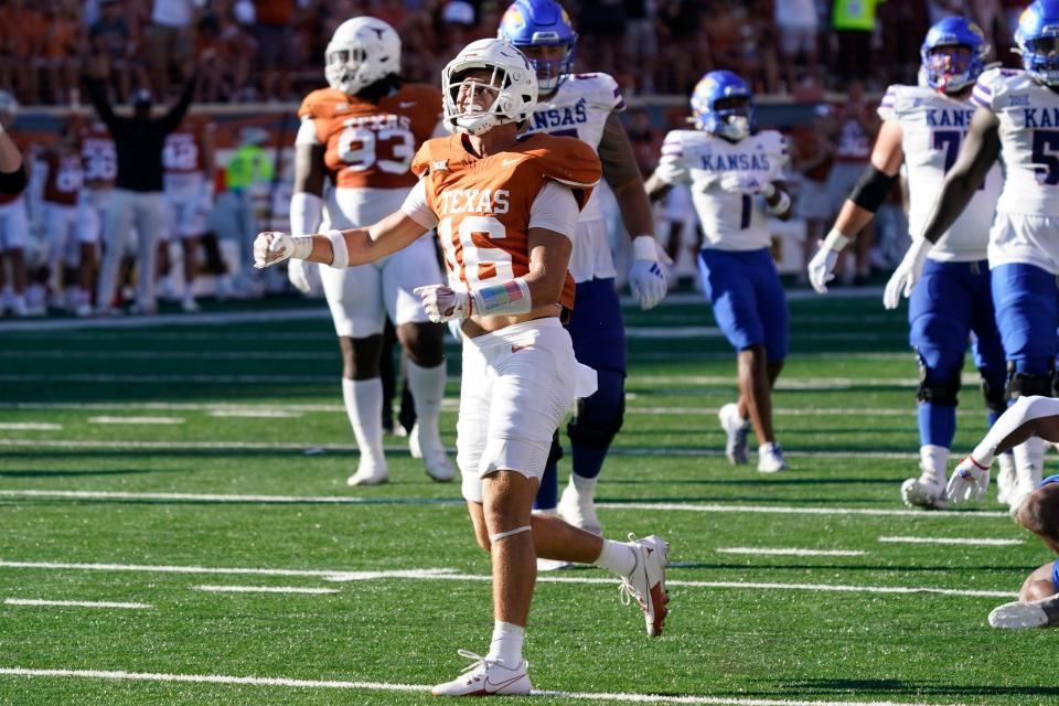 Texas safety Michael Taaffe has been a key part to the Longhorns' defense the past two games, starting the wins over Houston and BYU and intercepting a pass in each game. He switched jersey numbers this year to honor a close friend from high school who died in 2021.