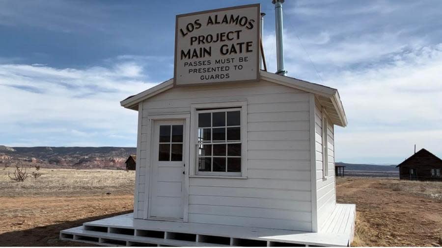 Replica of the Los Alamos project gate on the set of “Oppenheimer” at Ghost Ranch. March 12, 2024. (KRQE Digital Reporter Fallon Fischer)