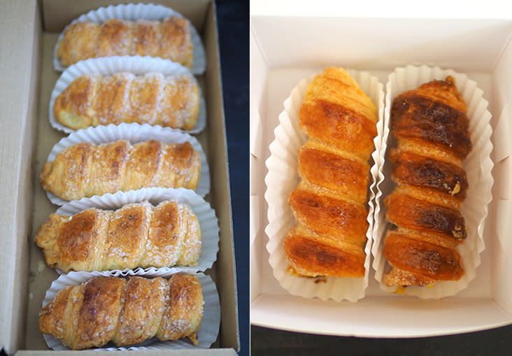 Strudel Bakery House sells their cream horns in a box of five pieces. They also offer different flavours such as chocolate, blueberry and passion fruit (left). You can buy just one or two cream horns at Fruity Bakery &amp; Cafe from their Klang outlet (right).