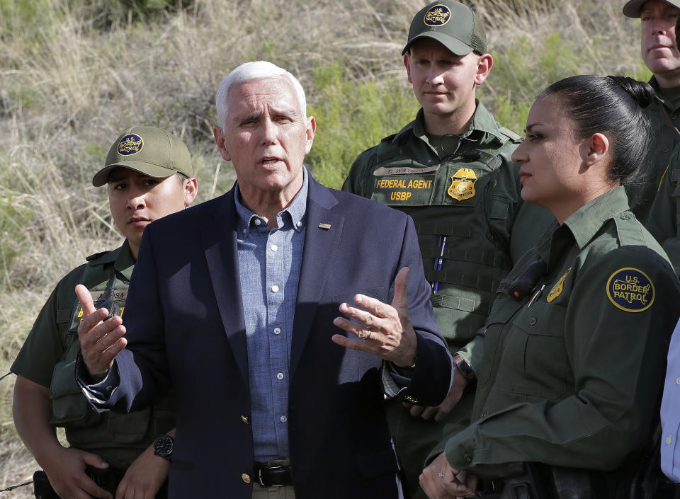 Vice President Mike Pence speaks along the International border while meeting with border patrol agents, Thursday, April 11, 2019, in Nogales, Ariz. (AP Photo/Matt York)