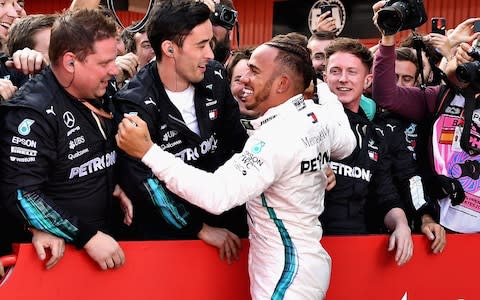 Race winner Lewis Hamilton of Great Britain and Mercedes GP celebrates in parc ferme during the Spanish Formula One Grand Prix at Circuit de Catalunya on May 13, 2018 in Montmelo - Credit: GETTY