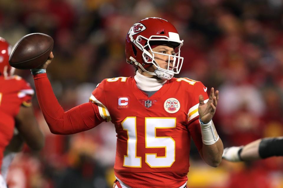 Kansas City Chiefs quarterback Patrick Mahomes (15) throws a pass during the first half of an NFL wild-card playoff football game against the Pittsburgh Steelers, Sunday, Jan. 16, 2022, in Kansas City, Mo. (AP Photo/Travis Heying)