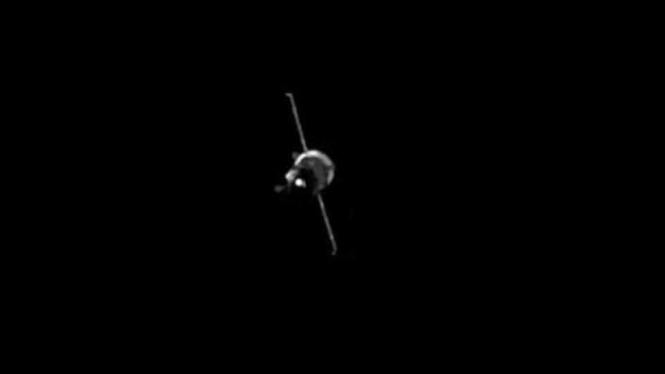 The Progress 82 cargo ship holds position nearby the International Space Station after undocking on Feb. 17, 2023.