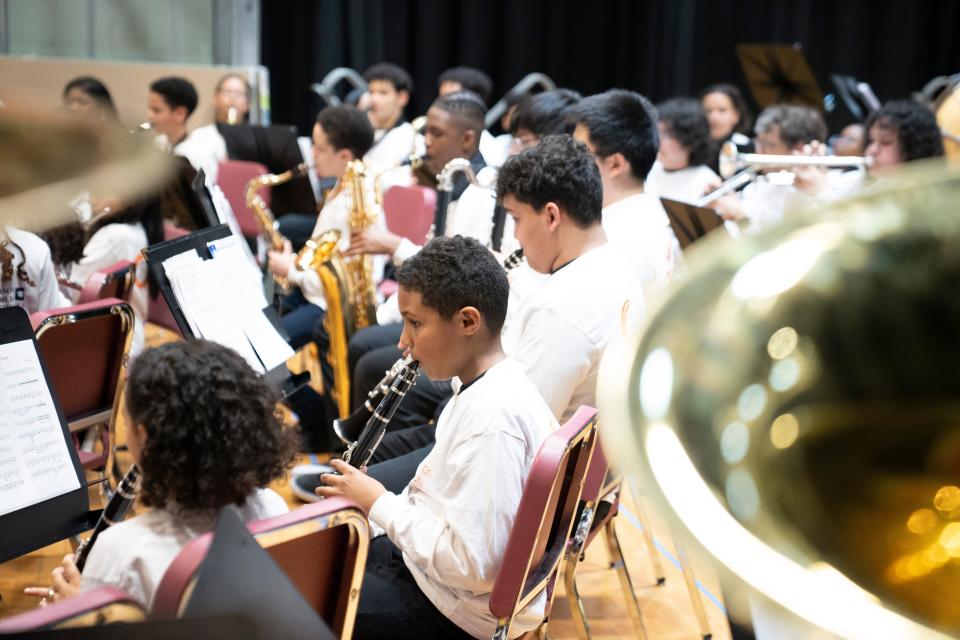 Students rehearse as part of the Paterson Music Project at John F. Kennedy High School in Paterson on Saturday, January 28, 2023. 