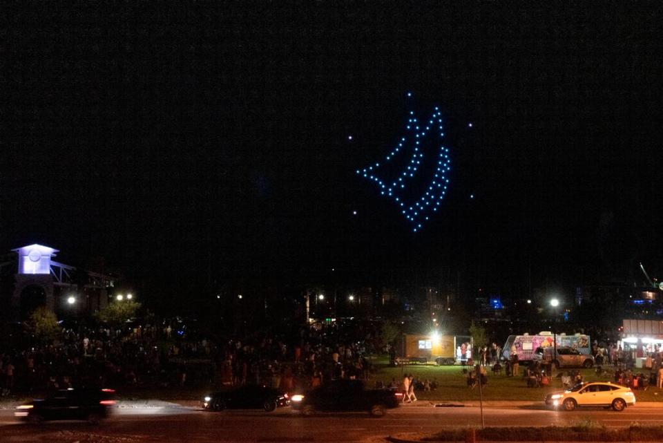 Drones in the shape of sails fly over Jones Park in Gulfport during the Sea of Stars drone show on Friday, Oct. 1, 2021.