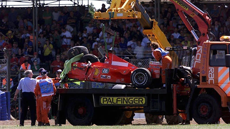 The 1999 crash at Silverstone ended Michael Schumacher’s hopes of a maiden championship as a Ferrari driver. Pic: Getty