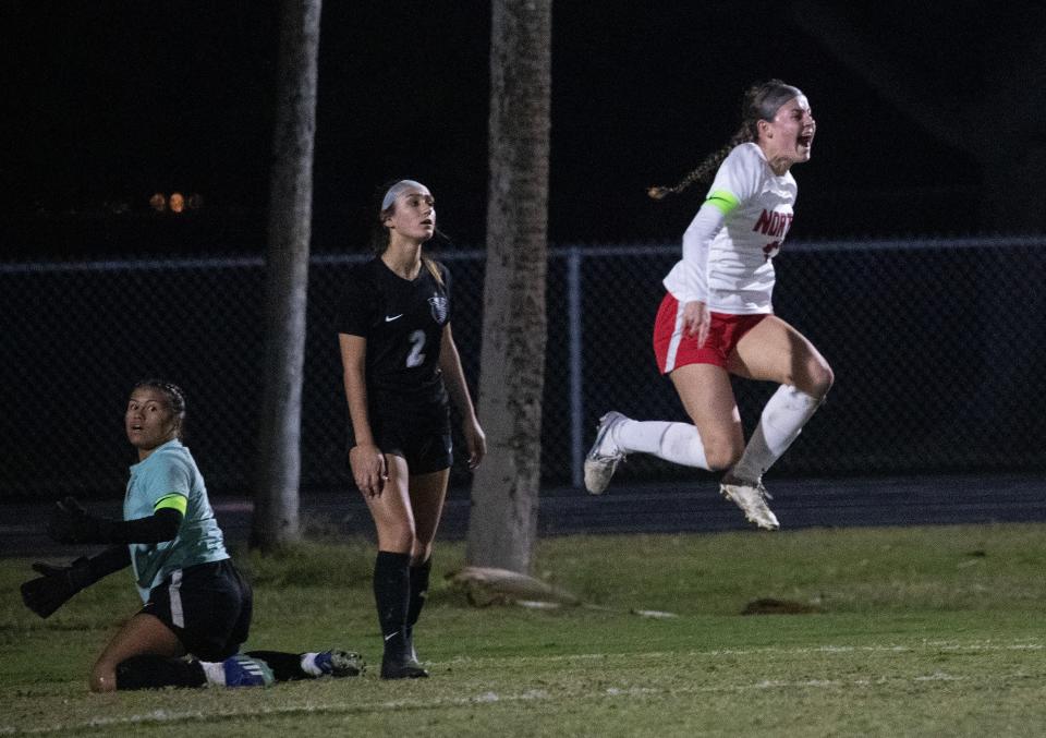 Sophia Kerns of North Fort Myers celebrates scoring a goal against Mariner in the 5A-Region 3 Girls Soccer Finals on Wednesday, Feb. 21, 2024, in Cape Coral. North Fort Myers won 1-0.