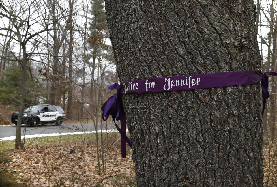 A memorial for Jennifer Dulos is seen Tuesday, Jan. 28, 2020, in Farmington, Conn. A dispatcher from the Farmington police said officers had responded to the home of Fotis Dulos, charged with murdering his estranged and missing wife, and he was later transported to the hospital (AP Photo/Jessica Hill)