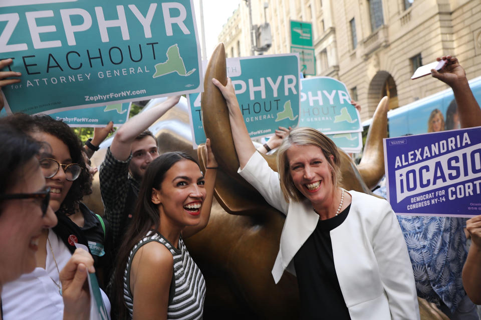 Congressional nominee Alexandria Ocasio-Cortez (L) stands with Zephyr Teachout after endorsing her for New York City Public Advocate on July 12, 2018 in New York City. The two liberal candidates held the news conference in front of the Wall Street bull in a show of standing up to corporate money. Ocasio-Cortez shocked the Democratic political community recently after an upset win against Representative Joe Crowley in the New York Democratic primary.  (Photo: Spencer Platt/Getty Images)