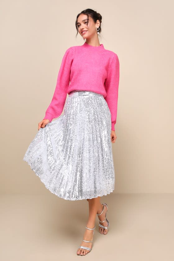 <p><a href="https://go.redirectingat.com?id=74968X1596630&url=https%3A%2F%2Fwww.lulus.com%2Fproducts%2Fglamorous-occasion-silver-sequin-pleated-midi-skirt%2F2270136.html&sref=https%3A%2F%2Fwww.womansday.com%2Fstyle%2Ffashion%2Fg46136014%2Fnew-years-eve-outfits%2F" rel="nofollow noopener" target="_blank" data-ylk="slk:Shop Now;elm:context_link;itc:0" class="link rapid-noclick-resp">Shop Now</a></p><p>Glamorous Occasion Silver Sequin Pleated Midi Skirt</p><p>lulus.com</p><p>$65.00</p><span class="copyright">Lulu's</span>