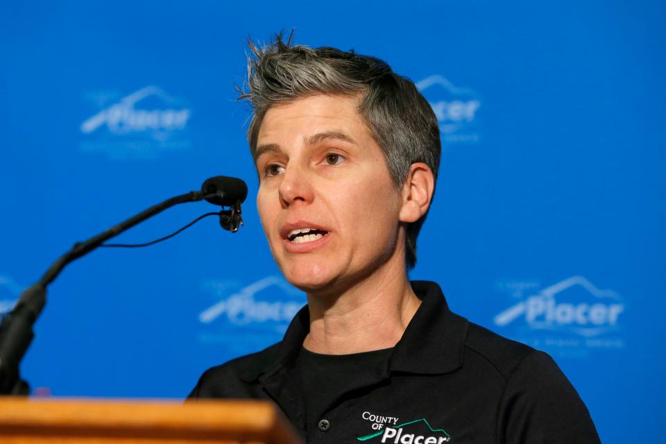 Dr. Aimee Sisson, Placer County's public health officer, answers a question concerning the death of an elderly patient from coronavirus at a news conference in Auburn, Calif., on Wednesday, March 4.