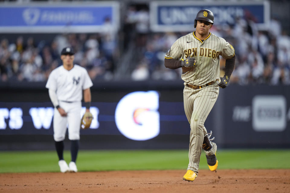 San Diego Padres' Juan Soto runs the bases after hitting a two-run home run against the New York Yankees during the fifth inning of a baseball game Friday, May 26, 2023, in New York. (AP Photo/Frank Franklin II)