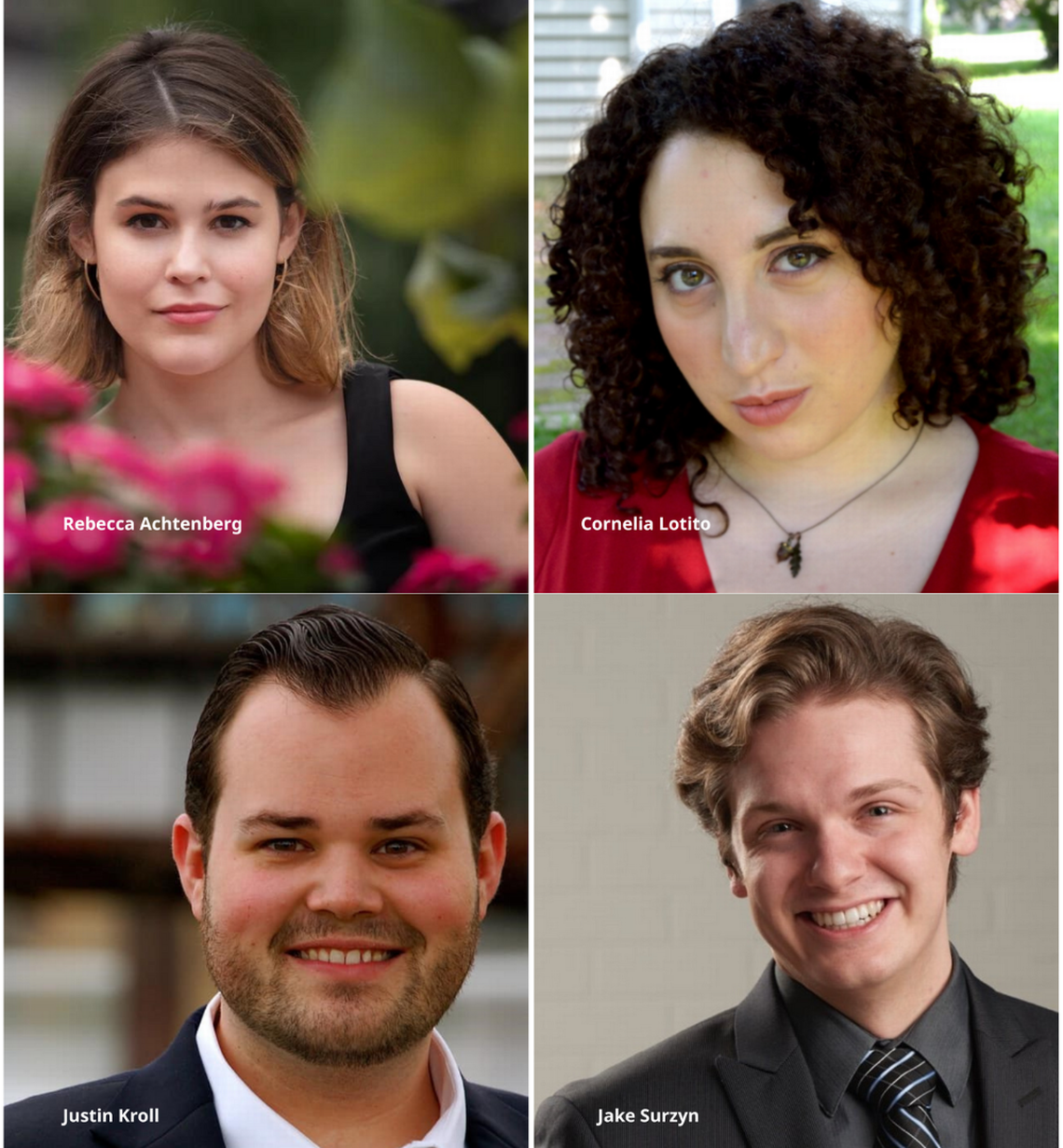 Opera Idaho’s Emerging Artists of 2022-23 season, soprano Rebecca Achtenberg, mezzo-soprano Cornelia Lotito, tenor Justin Kroll, and baritone Jake Surzyn.