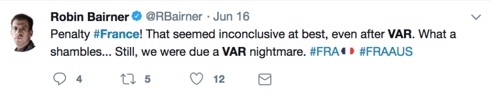 Another fan on Twitter voices their frustration about VAR. (Twitter)