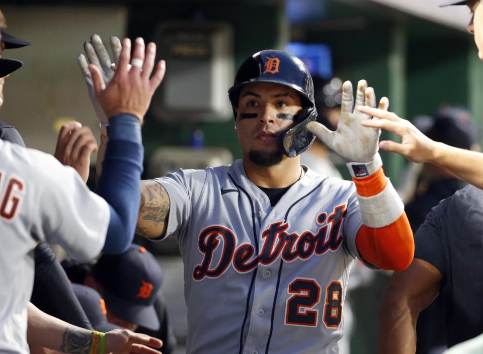 1570449854.jpg PITTSBURGH, PA - AUGUST 01:  Javier Baez #28 of the Detroit Tigers celebrates after scoring on an RBI single in the seventh inning against the Pittsburgh Pirates during inter-league play at PNC Park on August 1, 2023 in Pittsburgh, Pennsylvania.  (Photo by Justin K. Aller/Getty Images)
