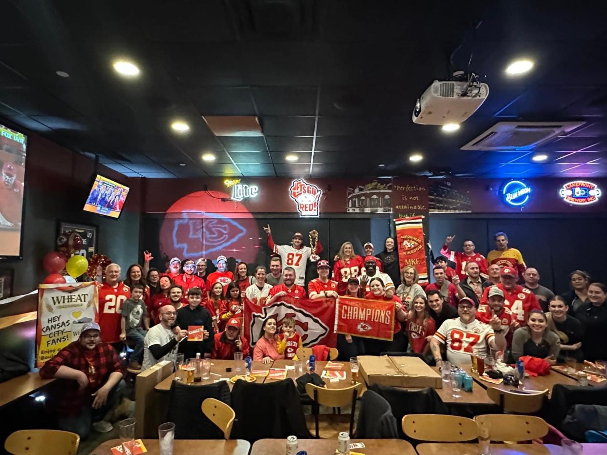 The Milwaukee-area Kansas City Chiefs fan group celebrating the Super Bowl in 2023 at Brookfield's Buffalo Wild Wings.
