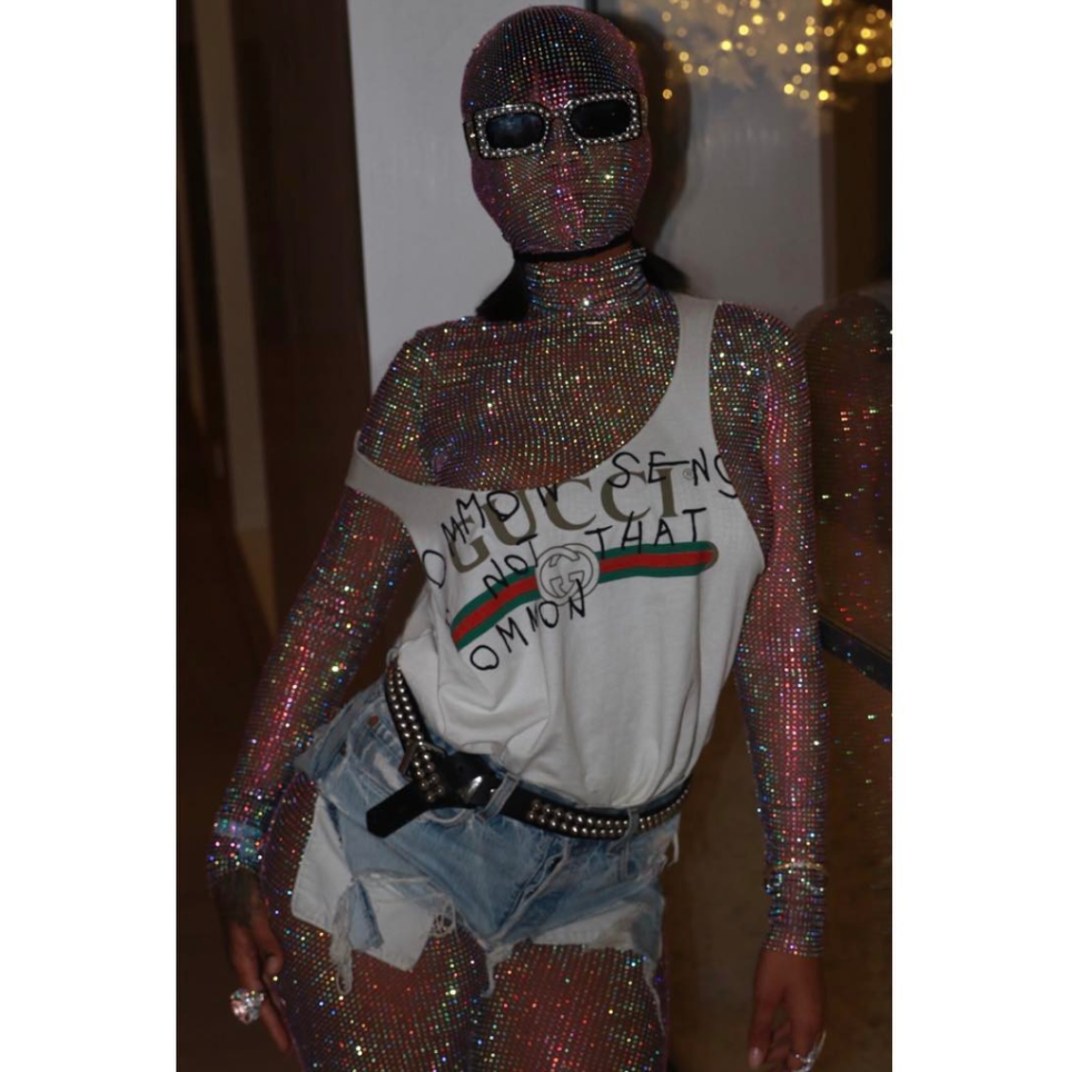 Rihanna wears a Gucci sparkle bodysuit and balaclava with her jorts at Coachella. (Photo: Instagram)